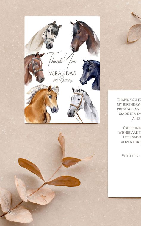 Horses equestrian elegant birthday party thank you card elegant horses horse themed party thank you Horse Party Printables Free, Horse Birthday Invitations Free, Equestrian Invitation, Horse Party Invitations Printable Free, Derby Party Invitations, Horse Invitations, Horse Themed Party, Elegant Horse, Elegant Birthday Party