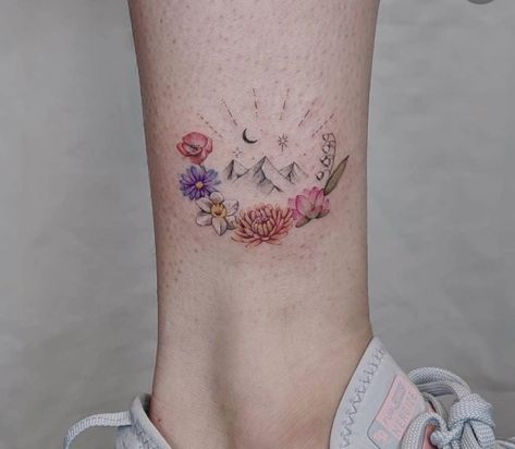 Cascade Mountains Tattoo, Mountain Tattoo With Flowers, Mountain And Flower Tattoo, Colorado Tattoo Ideas For Women, Outdoors Tattoos For Women, Mum Tattoos, Watercolor Mountains Tattoo, Orion Tattoo, Moutain Tattoos