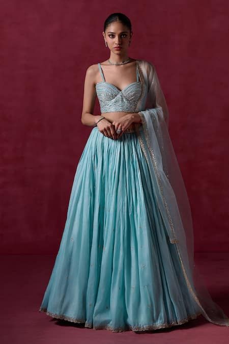 Buy Blue Organza Embroidered Zari Plunge Sweetheart Scallop Hem Lehenga Set For Women by LASHKARAA Online at Aza Fashions. Light Dusty Blue, Dupatta Embroidery, Light Blue Bridesmaid, Bridesmaid Outfits, Engagement Lehenga, Kurta Lehenga, Bridesmaid Lehenga, Lehenga Pattern, Half Saree Lehenga