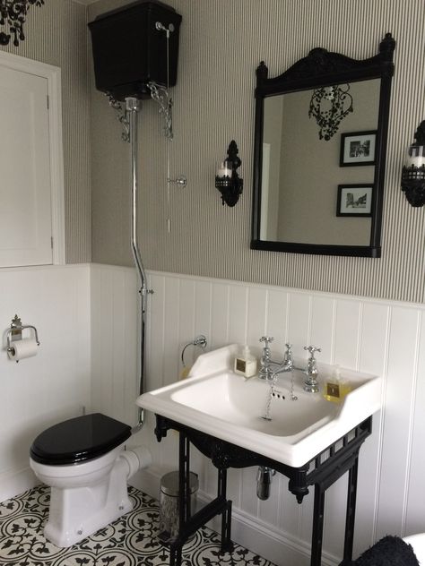 Bathroom - Burlington high level toilet, mirror & classic washstand in black Edwardian Bathroom, Baños Shabby Chic, Victorian Toilet, Kitchen Wall Lights, Victorian Bathroom, Design Remodel, Downstairs Bathroom, Vintage Bathrooms, Trendy Bathroom