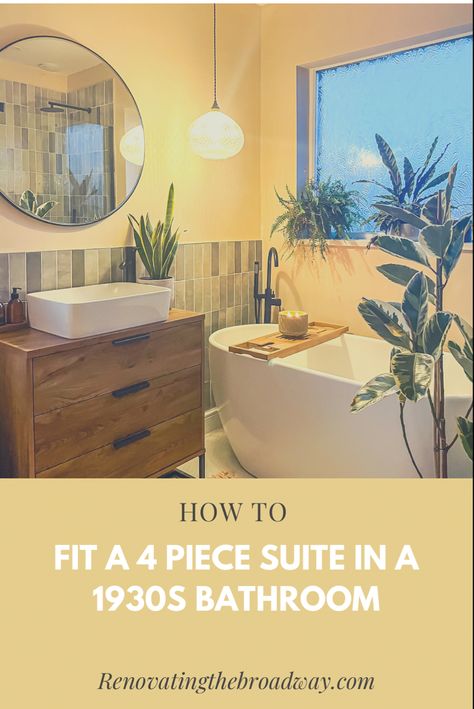 How we fit a four piece bathroom suite (including freestanding bath) in our 1930s square bathroom, including dimensions. #bathroomideas #bathroomremodel #bathroomlayout Bathroom 1930s House, 1930’s Bathroom, Four Piece Bathroom, 1930s Bathroom, Square Bathroom, Pink Bathroom Decor, Corner Bath, 1930s House, Floor Bathroom