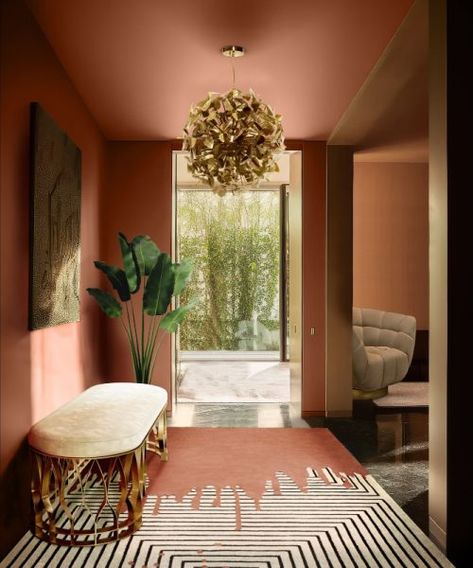 Covet House | Inspirations and Ideas Modern Hallway Design, Pink Hallway, Contemporary Rugs Design, Contemporary Entryway, Entryway Design, Interior Color Schemes, Hallway Design, Modern Entryway, Rug Inspiration