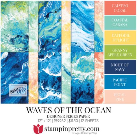 WAVES OF THE OCEAN DSP Coordinating Colors 159982 Stampin\' Pretty Mary Fish Shop Online 24-7 Waves Of The Ocean Dsp Stampin Up Cards, Pretty Sketchbook, Stampin Up Dsp, Love Sketches, Craft Paper Storage, Waves Of The Ocean, Fish Shop, Mary Fish, Dsp Cards