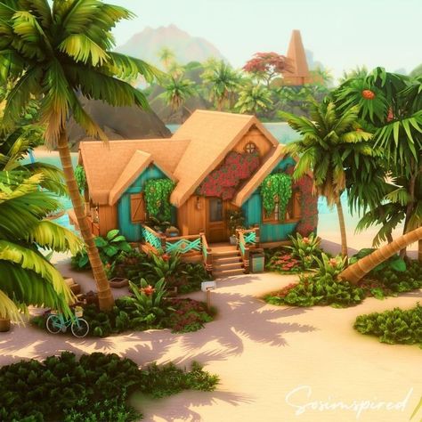 Sims 4 Island Living House Ideas, Tropical Island House Exterior, Island Home Sims 4, Sims 4 Tiny Beach House, Tropical House Sims 4, Sims 4 Sulani House Ideas, Sims Tropical House, Sims 4 Beach Shack, Sims 4 Small Beach House