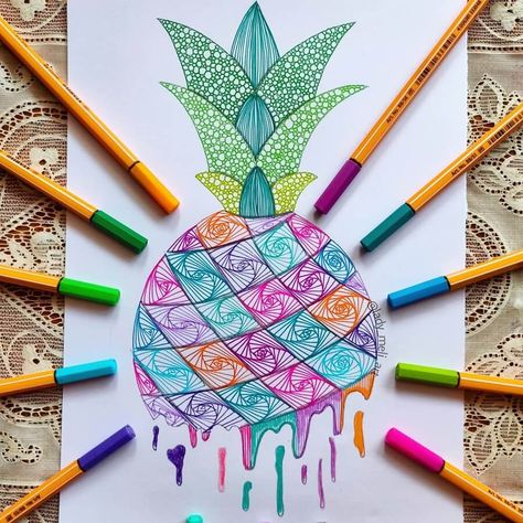 Pineapple or Ananas. Mandala and Zentangle Inspired Drawings. Click the image, for more art from lady_meli_art. Kid Coloring Page, Summer Coloring Pages, Mandala Art Lesson, Sharpie Art, Soyut Sanat Tabloları, Arte Inspo, Doodle Art Designs, Mandala Design Art, Mandala Coloring Pages