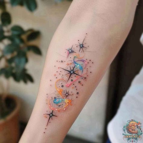 Star Tattoos Forearm, Made Of Stars Tattoo, Stars And Galaxy Tattoos, Cosmic Arm Tattoo, Universe Hand Tattoo, Colorful Planet Tattoo, Science Themed Tattoos, Retro Star Tattoo, All Color Tattoo