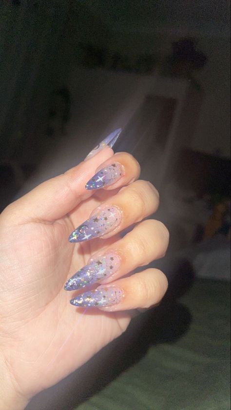 Long Nails With Stars, Nails With Stars, Nails Moon, Celestial Nails, Purple And Silver Nails, Blue Prom Nails, Glitter Gradient Nails, Blue And Silver Nails, Stars And Constellations