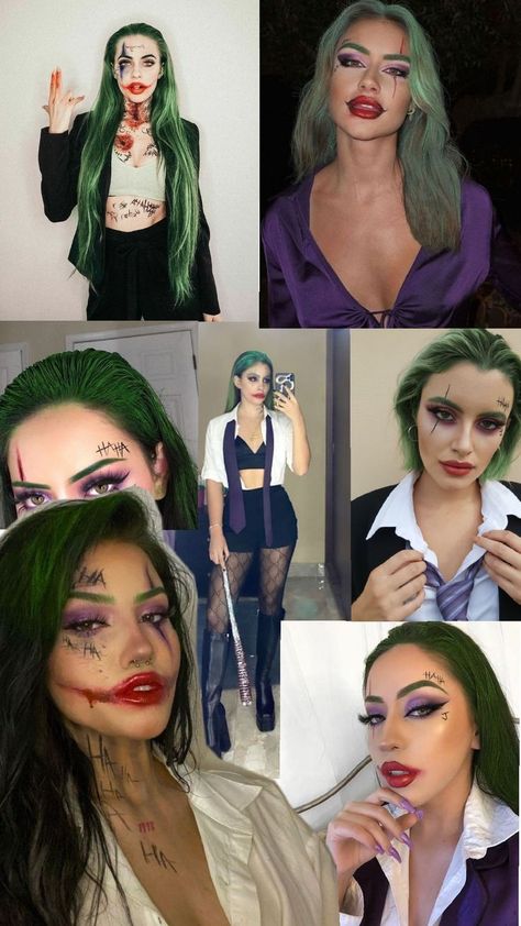 Joker Female Costume Make Up, Superhero Or Villain Costumes, Joker Women’s Makeup, Halloween Female Makeup, Last Minute Joker Costume Women, Zombie Queen Costume, Joker Baddie Costume, Female Joker Outfit Ideas, Dark Hair Halloween Costume Ideas Couple