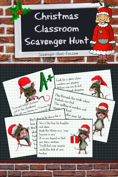 5 rhyming Christmas classroom scavenger hunt clues that lead around the class to a treat or surprise. This printable game is perfect for teachers to celebrate with their students at school holiday parties. Christmas Classroom Theme Ideas, School Scavenger Hunt Clues, School Scavenger Hunt Elementary, School Treasure Hunt, Holidays Activities, Classroom Scavenger Hunt, Classroom Elf, Principal Ideas, School Scavenger Hunt