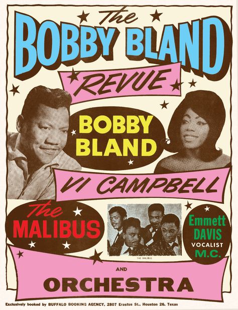 Early 1960s Concert Poster for The Bobby Bland Revue with Vi Campbell, The Malibus & Emmett Davis Blues Music Poster, 1960s Posters, Midnights Album, Concert Poster Design, Gfx Design, Graphic Design Style, Cover Film, Soul Songs, 90s Tees