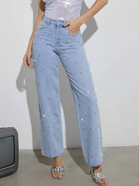 Wide-Leg ‘90s Jeans With Rhinestone | SHEIN Rhinestone Denim, Rhinestone Jeans, 90s Jeans, Diy Rhinestone, Jeans Diy, Best Jeans, Women Denim Jeans, Women Clothes, Casual Denim