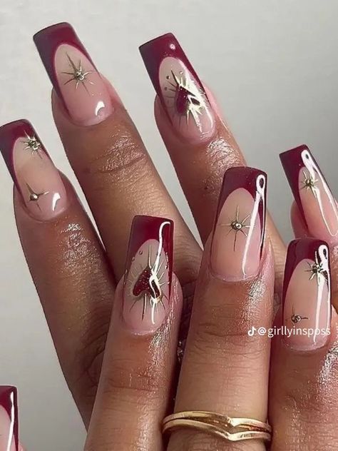 Burgundy And Gold Nails, Neutral Nail Art Designs, Burgundy Nail Designs, Coquette Nails, Butterfly Nail Designs, Boho Nails, Work Nails, Acrylic Nails Coffin Pink, Winter Vibes