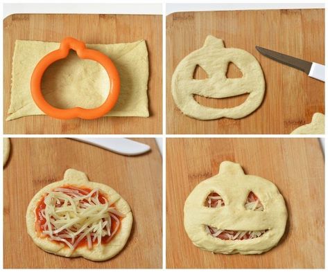 Skeleton Pizza Pockets, Pillsbury Halloween Recipes, Jack O Lantern Food Ideas, Halloween Pizza Pockets, Diy Halloween Pizza, Halloween Pizzas For Kids, Easy Halloween Lunch Ideas, Pumpkin Pizza Bites, Jack O Lantern Pizza