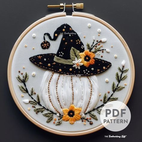 View Folk Art Style by TheEmbroideryLoftCo on Etsy Pumpkin Embroidery Designs, Seasonal Embroidery, Crafts For Beginners, Gnome Crafts, Autumn Embroidery, Fall Embroidery, Garden Embroidery, Halloween Embroidery Designs, Witchy Halloween