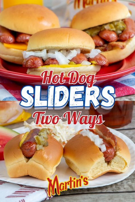 Grilling hot dogs? Switch it up and make hot dog sliders! Version 1: Butterfly the hot dog, grill and cut in half, place on Martin’s Slider Potato Rolls, then add your toppings! Version 2: Grill the hot dog, cut in half, top slice Martin’s Sweet Dinner Rolls, then place the hot dog on top! Hot Dog Sliders, Hot Dog Slaw Recipe, Broiled Hot Dogs, Hot Dog Grill, Patty Melt Recipe, Party Food Bars, Sweet Dinner Rolls, Grilling Hot Dogs, Hot Dogs Recipes