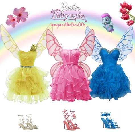 Barbie Fairytopia Costume, Friendship Outfits, Outfit Carnaval, Fairy Aesthetic Outfit, Crochet Cosplay, Barbie Costumes, Barbie Drawings, Disney Princess Inspired Outfits, Trio Costumes