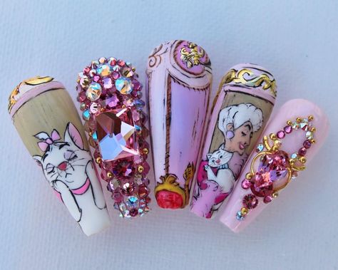 Vivxue Nails, Aristocats Nails, Sleeping Beauty Nails, Anastasia Nails, Pixar Nails, Madame Adelaide, Nail Competition, Colourful Acrylic Nails, Cartoon Nail Designs