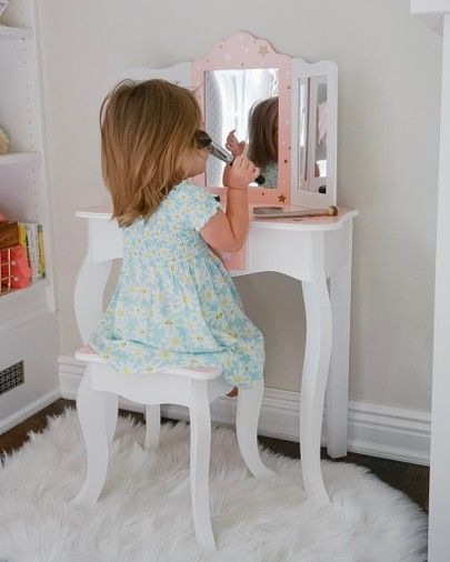 Toddler Makeup Vanity, Toddler Vanity Ideas, Aurora Bedroom, Toddler Bedroom Makeover, Kids Makeup Vanity, Toddler Vanity, Toddler Makeup, Purple Girls Room, Girls Vanity