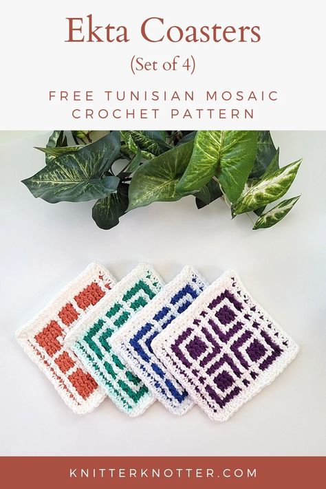 Ekta coasters by KnitterKnotter - This set of four coasters make for a great first Tunisian Mosaic Crochet project. They work up really quickly and you can use up left over yarn from other projects from your stash! They are great for practicing the Mosaic crochet technique and would make perfect gifts for Christmas too! Mosaic Coasters, Crochet Coasters Free Pattern, Tunisian Crochet Pattern, Tunisian Crochet Hook, Tunisian Crochet Patterns, Tunisian Crochet Stitches, Mosaic Crochet, Selling Handmade Items, Crochet Hook Set