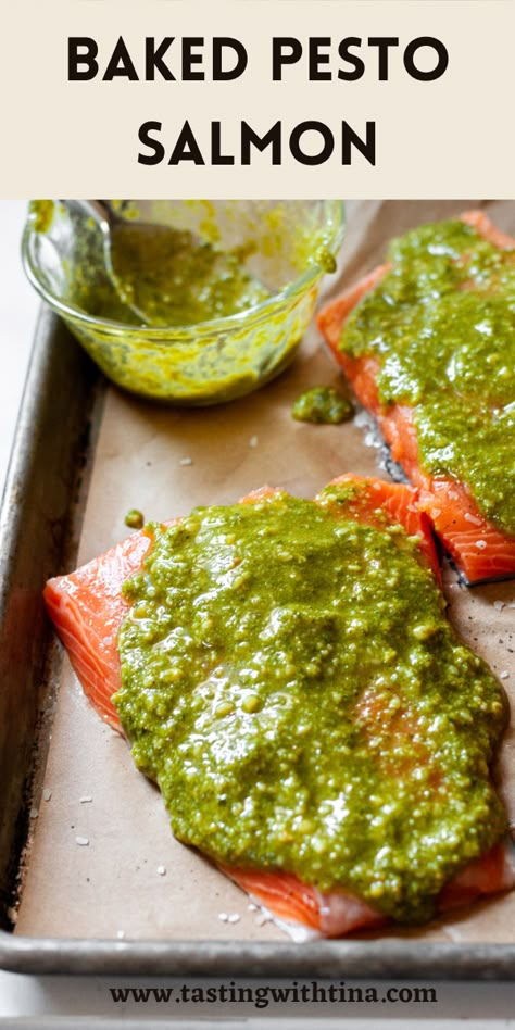 This super easy baked pesto salmon recipe is perfect for a busy weeknight! This recipe comes together in under 30 minutes. Baked Pesto Salmon Recipes, Salmon With Pesto Baked, Salmon Pesto Recipes, Pesto Salmon Recipes, Basil Pesto Salmon, Salmon With Skin Recipes, Pesto Baked Salmon, Salmon Marinade Baked, Baked Salmon Filets