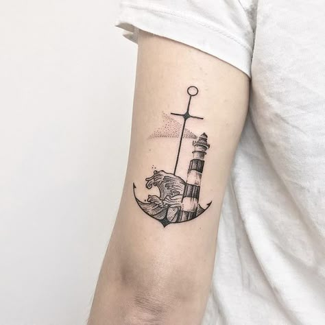 Lighthouse Waves Tattoo, Traditional Lighthouse Tattoo, Sarah Tattoo, Lighthouse Sketch, Navy Tattoos, Nature Tattoo Sleeve, Nerd Tattoo, Lighthouse Tattoo, Ankle Tattoos For Women