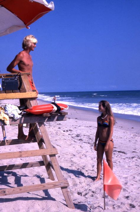 Florida Memory - Girl speaking with lifeguard at the Canaveral National Seashore beach in Brevard County near Titusville, Florida. 1996 Lifeguard Aesthetic, Vintage Lifeguard, 70s Beach, Titusville Florida, Beach Lifeguard, Life Guard, Chicago Photos, Vintage Cosmetics, Vintage Things