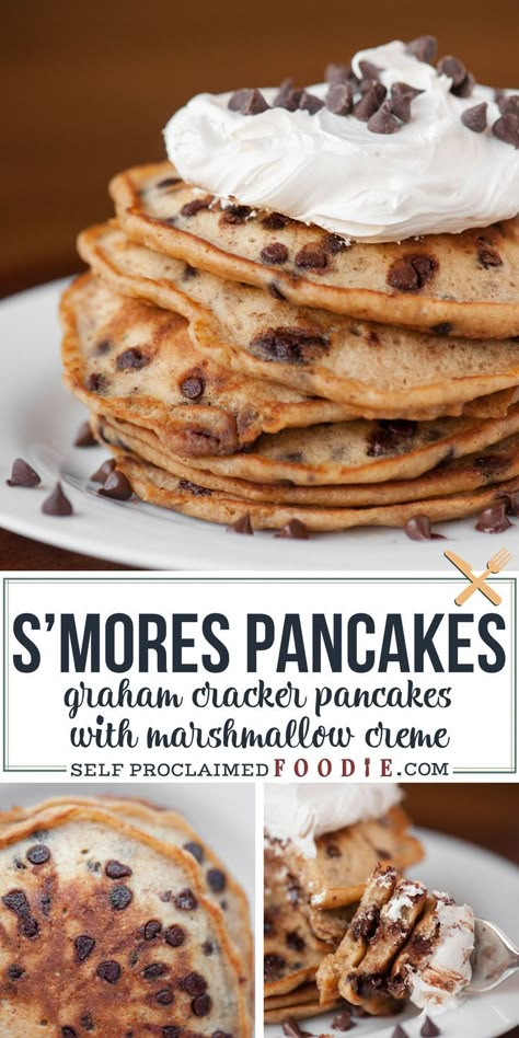 Smores Pancakes, Cracker Chocolate, Smores Dessert, Homemade Marshmallow, Chocolate Chip Pancakes, Marshmallow Creme, Pancake Recipes, Dessert Dips, S'mores