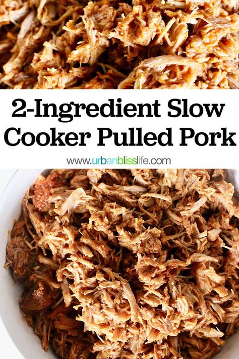 Make this easy Slow Cooker Pulled Pork with just 2 ingredients in your slow cooker, and enjoy it in sandwiches, on nachos, in tacos, and more! Get the full recipe on UrbanBlissLife.com #slowcooker #slowcooking #pork #porkrecipes #easyrecipes #slowcookerrecipes #pulledpork #recipes #food #crockpot #crockpotrecipes Keto Pulled Pork, Low Carb Pulled Pork, Slow Cooker Pulled Pork Recipe, Easy Pulled Pork Slow Cooker, Food Crockpot, Pulled Pork Recipe Slow Cooker, Slow Cooked Pulled Pork, Pulled Pork Recipe, Pulled Pork Tacos