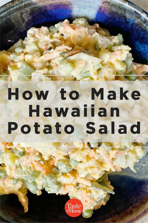 Potato Salad With Macaroni, Hawaiian Sides Easy, Filipino Potato Salad Recipe, Luau Side Dishes Potlucks, Hawaiian Macaroni Potato Salad, Hawaii Thanksgiving Recipes, Hawaiian Potato Mac Salad, Potato Mac Salad Hawaiian, Hawaiian Pasta Salad Recipes