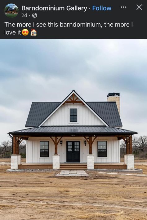 Aluminum House Exterior, Barndominium Ideas White Exterior, White Ranch House Black Windows, White Black Farmhouse Exterior, White And Black Metal House, House Design Barndominium, House With Metal Siding, Shop House Exterior Design, White Home With Black Trim