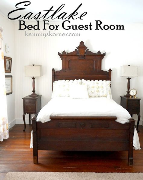 Kammy's Korner: Our Guest Room Retreat {Updates} Eastlake Antique Bed shabby chic white bedroom Eastlake Furniture, Antique Bed, Antique Bedroom Furniture, Painting Wooden Furniture, Guest Bedroom Design, Shabby Chic White, White Furniture Living Room, Antique Bedroom, White Bedroom Furniture