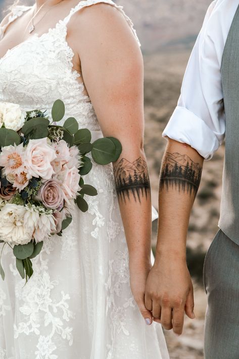 Tattoos Mountains, Married Couple Tattoos, Scenery Tattoo, Mountain Tattoos, Anniversary Tattoo, Couple Tattoos Unique Meaningful, Canyon Wedding, Couple Matching Tattoo, Couple Tattoos Unique