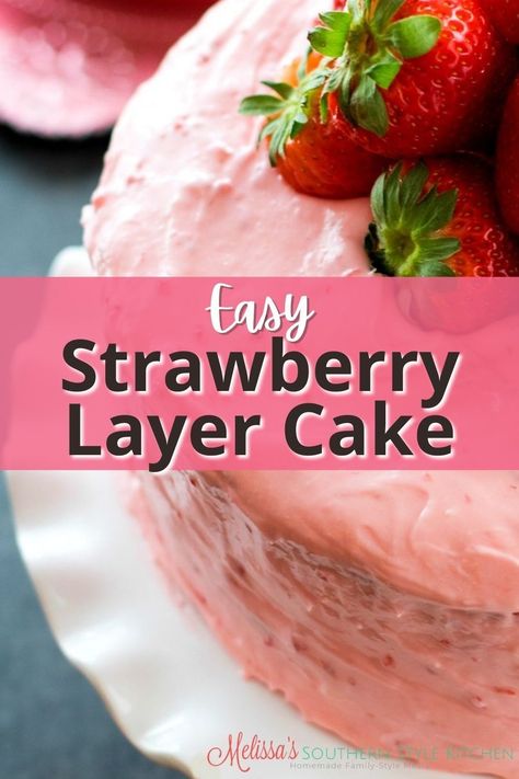 This Easy Strawberry Layer Cake is a stunning dessert to serve for any occasion. It features three irresistible layers of pink cake, that are frosted with a fresh strawberry cream cheese icing. It's the kind of cake you'll want to make over and over again. Double Layer Strawberry Cake, Strawberry Layer Cake Filling, Strawberry Layer Cake Recipe, Homemade Strawberry Cream Cheese, Strawberry Cake Mix Recipes, Strawberry Cream Cheese Icing, Two Layer Cake, Layered Dessert Recipes, Strawberry Layer Cake