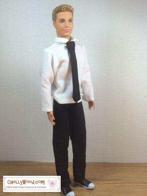 Sew a Ken doll clothes suit and tie w/ free pattern @ ChellyWood.com #dollzone #dollstagram – Free Doll Clothes Patterns Barbie Doll Clothes Patterns Free Sewing, Ken Clothes Patterns Free, Ken Doll Clothes Patterns Free, Barbie And Ken Outfits, Diy Ken Clothes, Diy Ken Doll Clothes, Ken Clothes Patterns, Ken Outfits, Free Doll Clothes Patterns