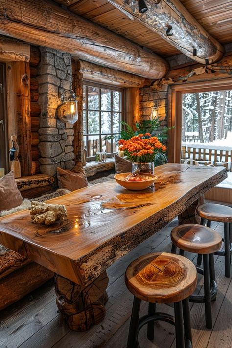 Log Cabin Dining Room, Cabin Dining Room, Ski Condo, Lake Houses, Big House, Barn Style House, Cabins And Cottages, Dream Living, Mountain Cabin