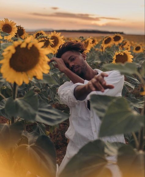 Black male model in sunflower field Freedom Photoshoot, Sunflower Photoshoot Ideas, Sunflower Couple, Corn Garden, Brother Sister Photography, Sunflower Field Photoshoot, Flower Shoot, Sunflower Field Pictures, Sunflower Photoshoot