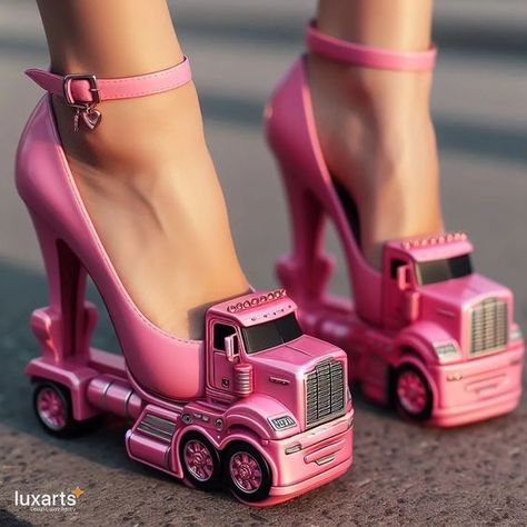 Revving Up Creativity: Top 10 Innovative Semi-Truck Heels Designs - LuxArts Artwork Wood, Crazy Heels, Caged Shoes, Checkered Shoes, Funny Shoes, Futuristic Shoes, Pleaser Heels, Car Shoe, Creative Shoes