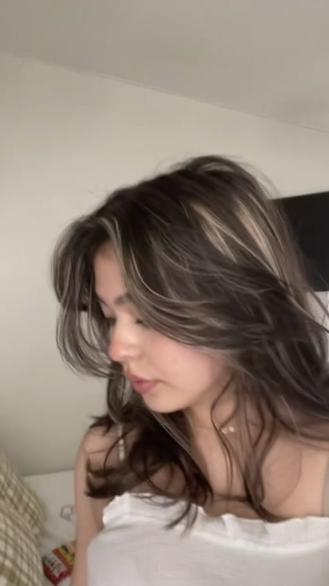 Brown Hair Highlights Aesthetic, Long Brown Hair With Blonde Balayage, Aesthetic Highlight Hair, Dark Hair With Blonde Highlights Underneath, Dark Brown Hair Chunky Blonde Highlights, Highlights For Dark Dark Brown Hair, Hair Ideas Tan Skin, Highlighted Curtain Bangs, Grunge Hair Highlights