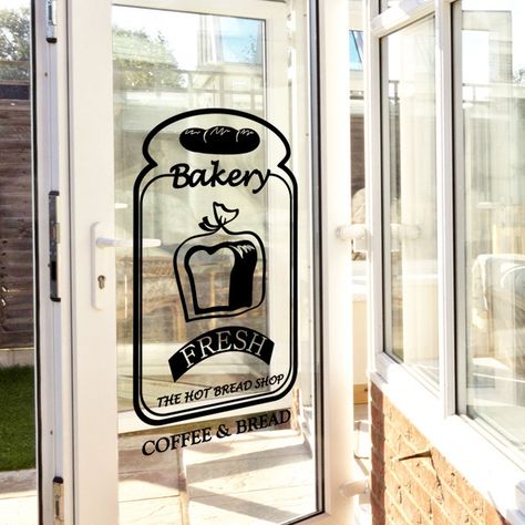 Bakery door. Window Ads, Glass Door Design, Coffee Milk Tea, Bread Shop, Custom Car Decals, Store Window Displays, Milk Bread, Glass Sticker, Custom Vinyl Stickers