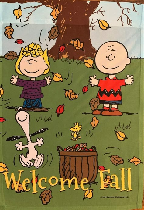 Peanuts Welcome Fall Garden Flag Brighten up your yard with this 12 1/2" wide by 18" long Peanuts gang decorative garden flag 100% Polyester September Mood, Peanuts Wallpaper, Fall Garden Flag, Fall Mood Board, Cute Fall Wallpaper, Snoopy Wallpaper, Snoopy Pictures, Fall Garden, Snoopy Love