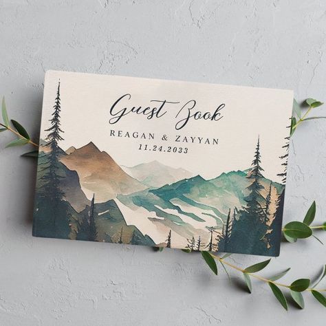 Watercolor Pine Mountain Forest Rustic Wedding Guest Book Pine Wedding, Rustic Wedding Guest Book, Well Wishes, Watercolor Mountains, Winter Wood, Blue Mountains, Destination Wedding Invitations, Guest Books, Free Birthday Invitations