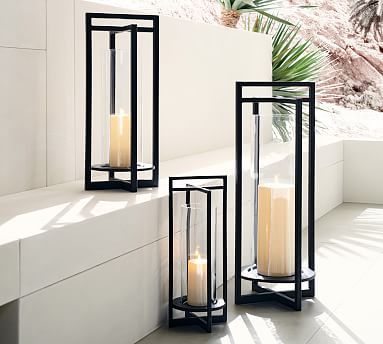 Brooks Cross Bar Steel & Glass Lanterns #potterybarn Black Candle Holders, Glass Candle Lantern, Lantern String Lights, Large Lanterns, Outdoor Lantern, Outdoor Candles, Candle Lantern, Selling Candles, Entryway Console