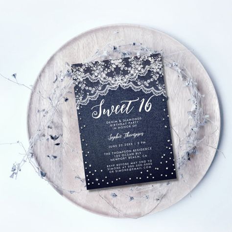 Denim Background, Diamond Party, Denim And Diamonds, Sweet 16 Birthday Party, 16 Birthday, Birthday Party Invitation Templates, 16th Birthday Party, Sweet 16 Birthday, Modern Typography