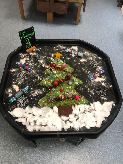 Green dried rice for the tree, cotton wool and flour, pom poms and cocoa powder for tree stump Seasons Tuff Tray, Nativity Tuff Tray, Christmas Tuff Tray Ideas For Babies, Christmas Play Tray, Christmas Tree Sensory, Ceramic Christmas Tree Tray, Tree Cotton, Dried Rice, Tuff Tray