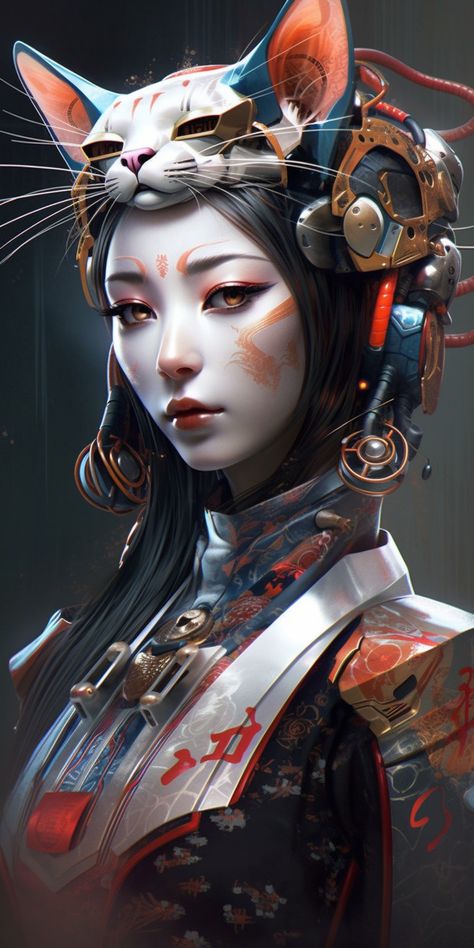 Chinese Cyberpunk, Cyberpunk Geisha, Chinese Samurai, Fox Demon, Demon Mask, Japanese Fox, People To Draw, Demon Art, Cat Girl