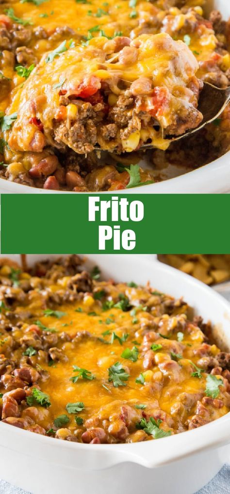 Frito Pie Recipe - a Frito taco pie recipe that is great for busy weeknights. Delicious comfort food that the whole family love. Frito Taco Pie, Frito Pie Recipe, Taco Pie Recipes, Frito Pie, Taco Pie, Quesadillas, Beef Dishes, Pie Recipe, Ground Beef Recipes