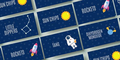 Space Themed Birthday Party Food, Space Themed Food Ideas, Space Theme Party Food, Space Party Food, Birthday Party Menu, Space Kids, Party Food Themes, Food Cards, Boys First Birthday Party Ideas