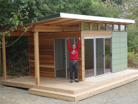 This Vashon Island client works from home at his Modern-Shed home office with a deck. Planning Life, Tuff Shed, Shed Office, Studio Shed, Modern Shed, Vashon Island, Shed Home, Small Building, Backyard Studio