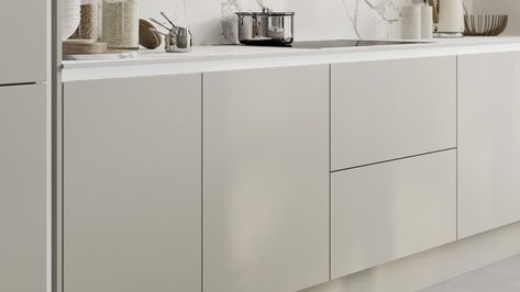 Hockley Super Matt Sandstone Kitchens | Howdens Howdens Hockley Super Matt, Sandstone Kitchen, Howdens Hockley, Kitchen Door Styles, Matt Kitchen, Howdens Kitchens, Kitchen Slab, Larder Cupboard, Cream Kitchen