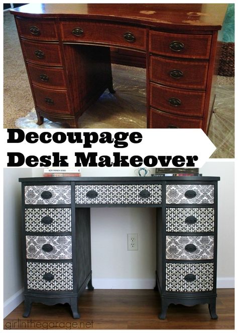 Vintage decoupage desk makeover - Girl in the Garage Decoupage Desk, Desk Makeover Diy, Diy Decoupage, Vintage Decoupage, Popular Images, Desk Diy, Girl Desk, Easy Home Improvement, Free Collage